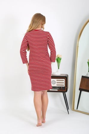 Moda Çizgi Pamuk Ev Elbisesi Tunik Gecelik Kırmızı 13132