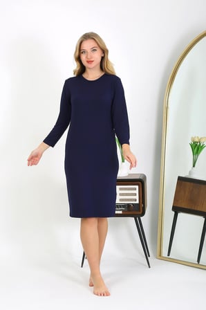Moda Çizgi Pamuk Ev Elbisesi Tunik Gecelik Lacivert 13132