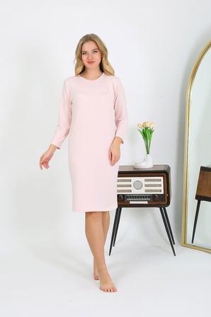 Moda Çizgi Pamuk Ev Elbisesi Tunik Gecelik Somon 13132