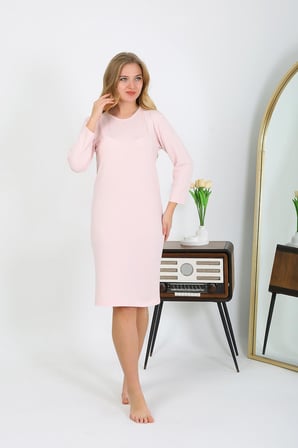Moda Çizgi Pamuk Ev Elbisesi Tunik Gecelik Somon 13132