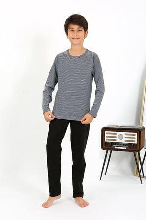 Moda Çizgi Erkek Çocuk Uzun Kol Penye Pijama Takım 20438 Gri