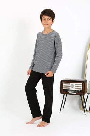 Moda Çizgi Erkek Çocuk Uzun Kol Penye Pijama Takım 20438 Gri