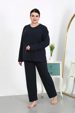 Moda Çizgi Kadın Büyük Beden Uzun Kol Penye Pijama Takımı Lacivert 202501