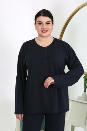 Moda Çizgi Kadın Büyük Beden Uzun Kol Penye Pijama Takımı Lacivert 202501