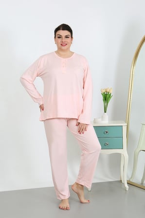 Moda Çizgi Kadın Büyük Beden Uzun Kol Penye Pijama Takımı Pembe 202501