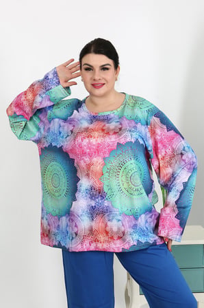 Moda Çizgi Kadın Büyük Beden Uzun Kol Penye Pijama Takımı Saks 202503