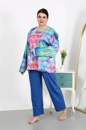 Moda Çizgi Kadın Büyük Beden Uzun Kol Penye Pijama Takımı Saks 202503
