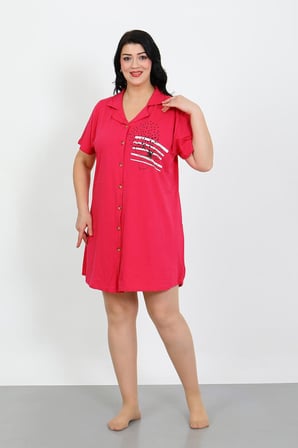 Moda Çizgi Büyük Beden Penye Düğmeli Fuşya Tunik Gecelik 1025