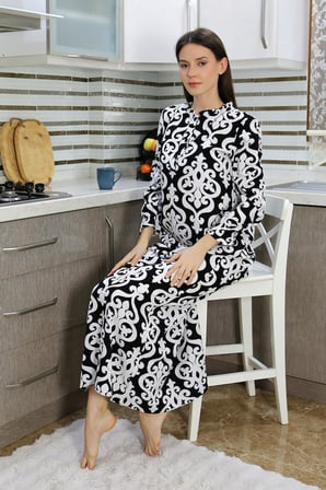 Moda Çizgi Kadın Uzun Kol Penye Gecelik Ev Elbisesi Siyah 25500