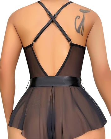 Moda Çizgi Kadın Fantezi Babydoll Dantel Gecelik T001 Siyah