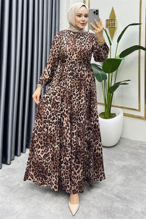 Beli Tünelli Leopar Elbise KAHVERENGİ