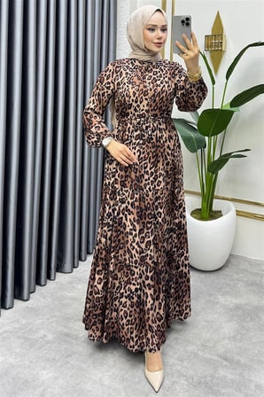 Beli Tünelli Leopar Elbise KAHVERENGİ
