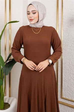 Volan Detaylı Bürümcük Elbise KAHVERENGİ