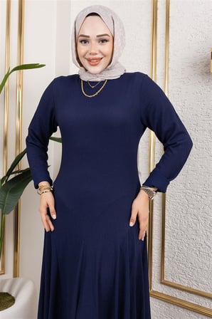 Volan Detaylı Bürümcük Elbise LACİVERT