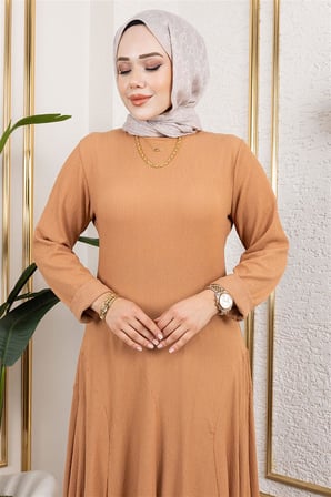 Volan Detaylı Bürümcük Elbise TABA