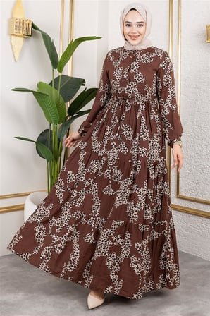 Leopar Desenli Viskon Elbise KAHVERENGİ