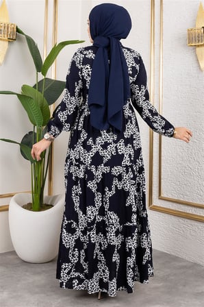 Leopar Desenli Viskon Elbise LACİVERT