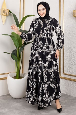 Leopar Desenli Viskon Elbise SİYAH