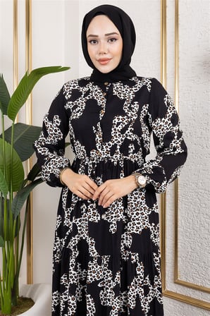 Leopar Desenli Viskon Elbise SİYAH