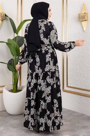 Leopar Desenli Viskon Elbise SİYAH