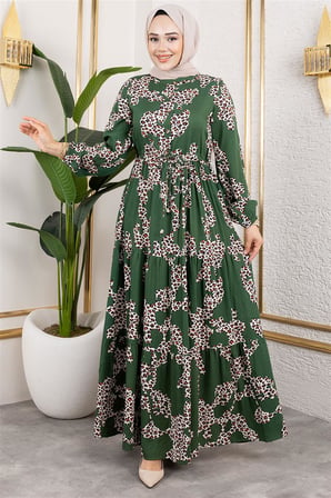 Leopar Desenli Viskon Elbise YEŞİL