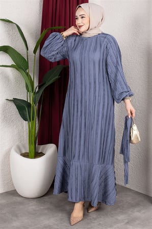 Eteği Fırfırlı Kuşaklı Elbise KOYU GRİ