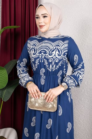 Beli Lastikli Viskon Elbise İNDİGO