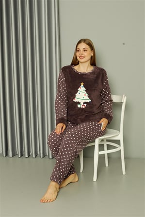 Moda Çizgi Welsoft Polar Kadın Büyük Beden Mürdüm Pijama Takımı 808048