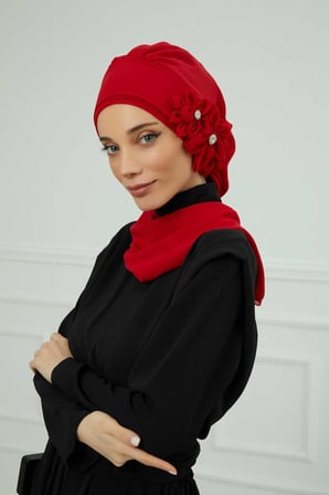 Taş Aksesuarlı Özel Tasarım Şifon Hazır Türban,HT-8 Kırmızı