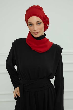 Taş Aksesuarlı Özel Tasarım Şifon Hazır Türban,HT-8 Kırmızı