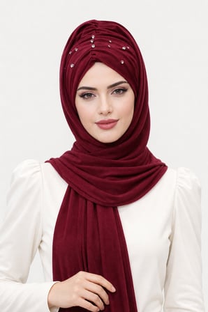 Bordo Işıltılı Taşlı Abiye Şal