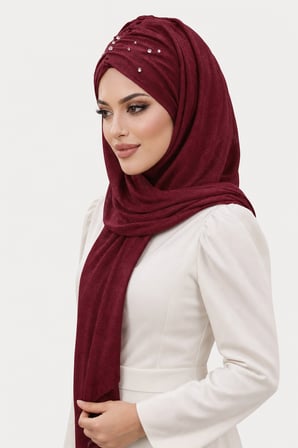 Bordo Işıltılı Taşlı Abiye Şal