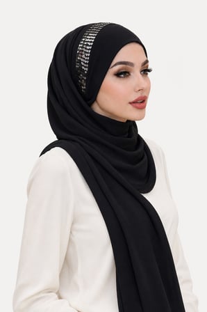 Siyah Gümüş Payetli Bandana Abiye Şal