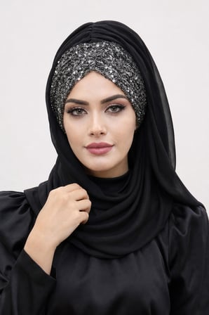 Siyah Antrasit Pul Payetli Abiye Şal
