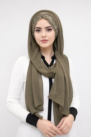 Haki Batik Desenli Hazır Şal