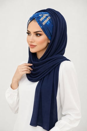 Lacivert Hardal Yazı Desen Hazır Şal