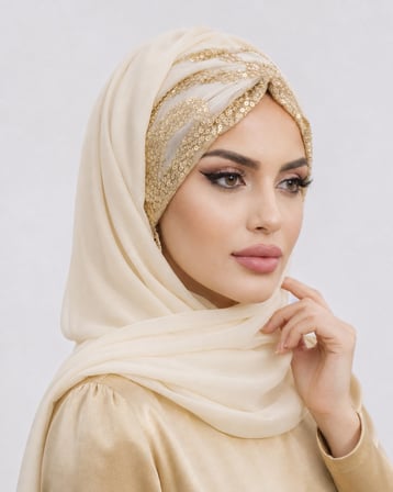 Ekru Gold Dantelli Hazır Şifon Şal