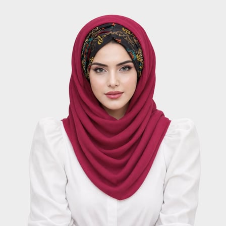 Fuşya Siyah Çiçek Desen Hazır Şal