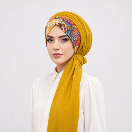 Hardal Etnik Desen Büzgülü Hazır Şal