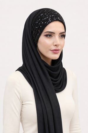 Siyah Payetli Bandana Abiye Şal