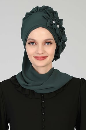 Çiçek Aksesuarlı Tasarım Hazır Şifon Türban,HT-27 Koyu Yeşil