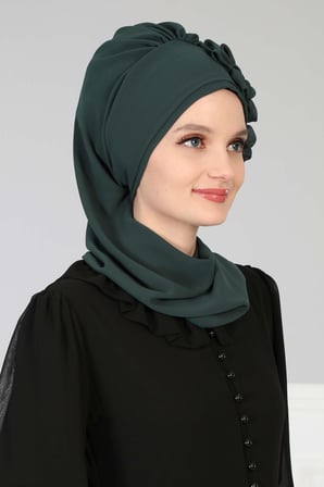 Çiçek Aksesuarlı Tasarım Hazır Şifon Türban,HT-27 Koyu Yeşil