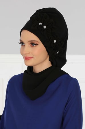 Çiçek Aksesuarlı Tasarım Hazır Şifon Türban,HT-27 Siyah