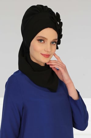 Çiçek Aksesuarlı Tasarım Hazır Şifon Türban,HT-27 Siyah