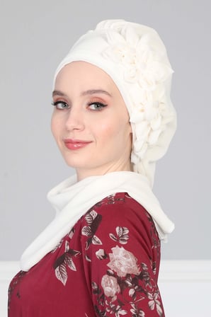 Çiçek Aksesuarlı Tasarım Hazır Şifon Türban,HT-27 Krem