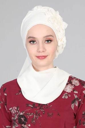 Çiçek Aksesuarlı Tasarım Hazır Şifon Türban,HT-27 Krem