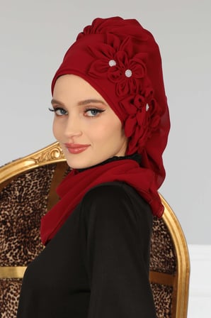 Çiçek Aksesuarlı Tasarım Hazır Şifon Türban,HT-27 Bordo
