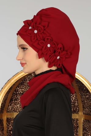 Çiçek Aksesuarlı Tasarım Hazır Şifon Türban,HT-27 Bordo