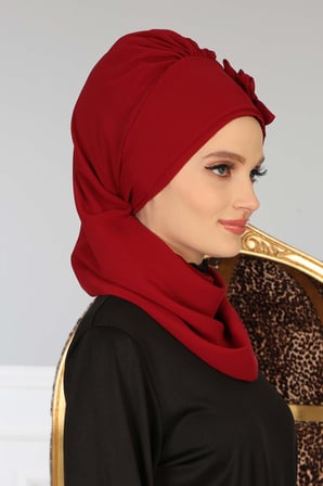 Çiçek Aksesuarlı Tasarım Hazır Şifon Türban,HT-27 Bordo