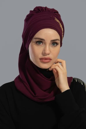 Gold Aksesuarlı Tasarım Şifon Hazır Türban,HT-28,HT-28 Mürdüm